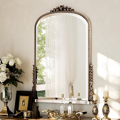 28"×40" Silver Wide Arched Wall Mirror, Vintage Carving Bathroom Vanity Makeup Mirror, as Wall Decor Hanging Leaning for Fireplace Mantle, Living Room, Bedroom, Vanity Area