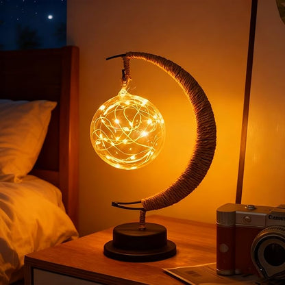 Moon Table Night Light with Hanging Star Ramadan Decorative Lamp Battery Operated Suitable for Home Bedroom Shop Dining Table Holiday Party Eid Festival Decoration (HEMPmoon-WW-Ball)