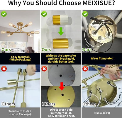 MEIXISUE Gold Modern Sputnik Chandelier Ceiling Light Fixtures,6-Lights Industrial Metal Semi Flush Mount Ceiling Light for Bedroom Dining Room Living Room Kitchen Hallway UL Listed