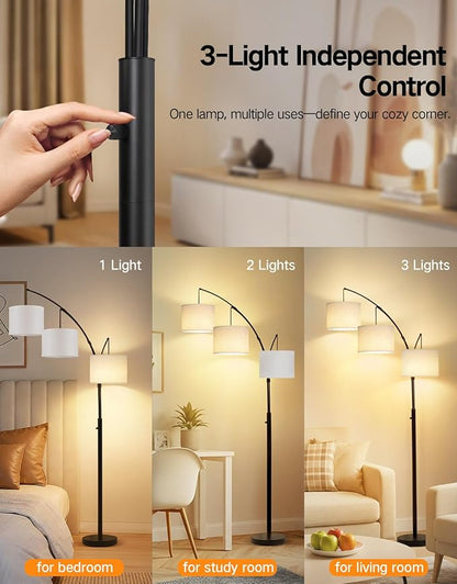 OUTON Arc Led Floor Lamp, Modern Black 3 Light Tall Floor Lamp for Bedroom, 2400lm Mid Century Adjustable Standing Corner Lamps for Living Room Office, 3 LED Bulbs Included, White Lampshade