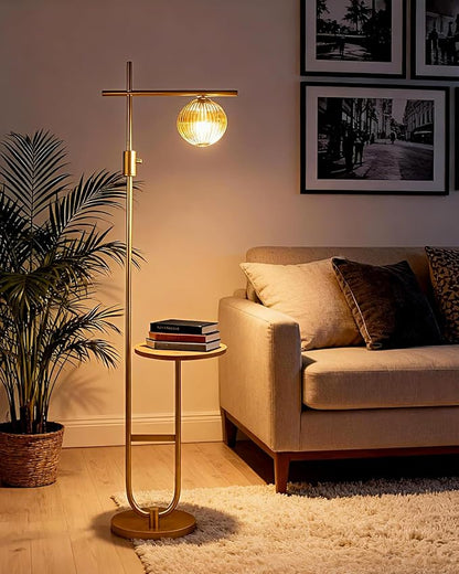 Lightdot 66IN Gold Dimmable Floor Lamps with Table, Modern Standing Tall Lamp with Brown Globe Glass Shade, Cross-Shaped Head and U-Pole Base for Living Room/Sofa Beside/Corner Decor(Bulb Included)