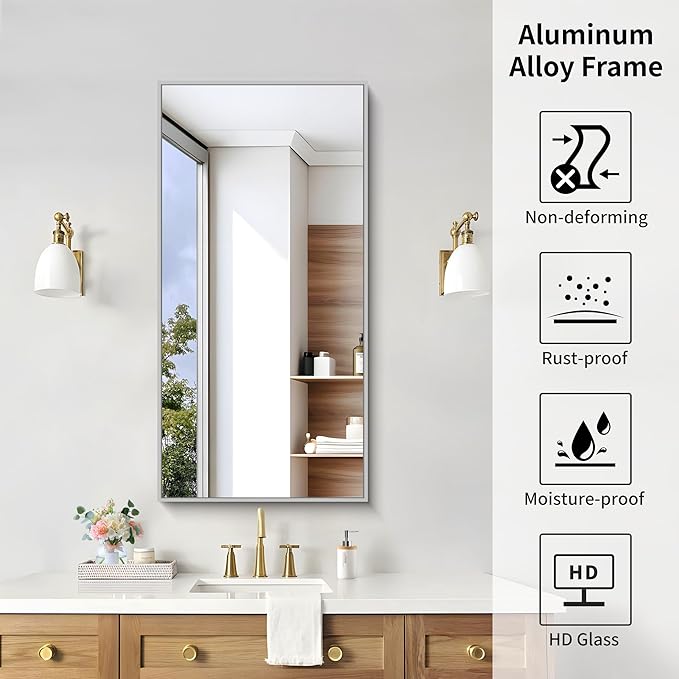 KOCUUY Silver Framed Mirror, 20"x40" Rectangle Bathroom Mirror for Wall, HD Tempered Glass, Anti-Rust Frame, Modern Design for Bathroom, Bedroom, Living Room, Entryway