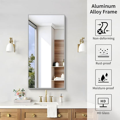 KOCUUY Silver Framed Mirror, 20"x40" Rectangle Bathroom Mirror for Wall, HD Tempered Glass, Anti-Rust Frame, Modern Design for Bathroom, Bedroom, Living Room, Entryway