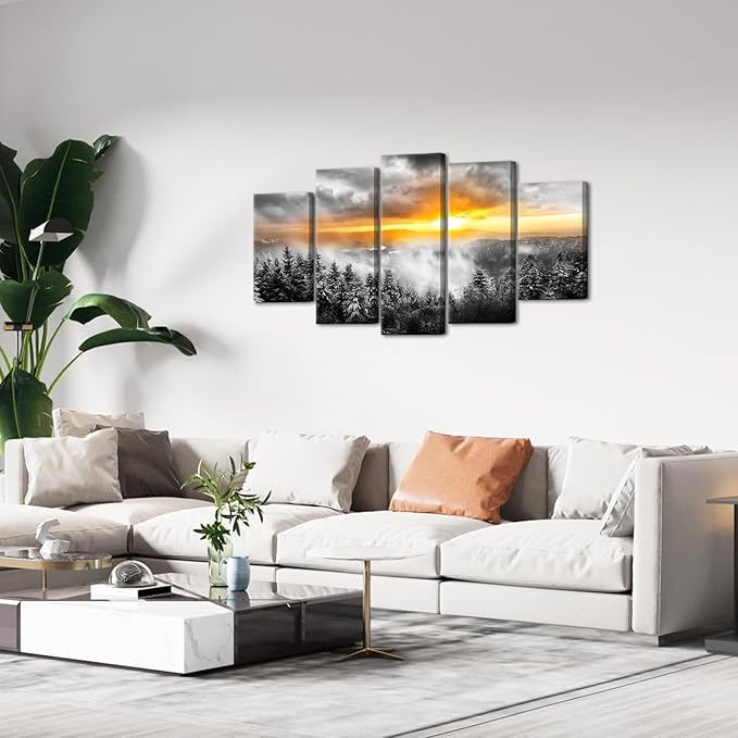 KLVOS 5 Panels Fog Mountain Canvas Wall Art Sunrise Misty Forest Print Picture Paintings Black and White Nature Artwork Modern Bedroom Living Room Office Decor Gallery Wrapped
