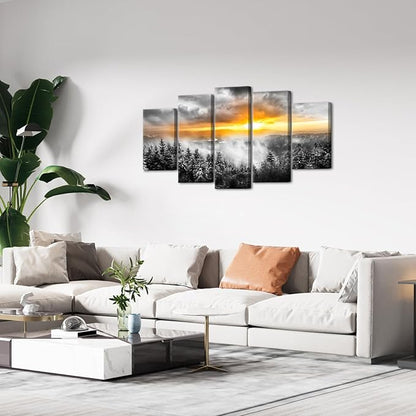 KLVOS 5 Panels Fog Mountain Canvas Wall Art Sunrise Misty Forest Print Picture Paintings Black and White Nature Artwork Modern Bedroom Living Room Office Decor Gallery Wrapped