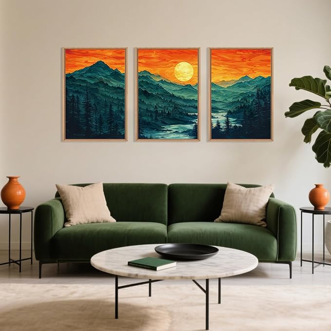 Woodland Mountain Framed Canvas Wall Art Set, Abstract Ridge Wall Painting, Boho Sunset Scenery Wall Decor, Modern Natural Landscape Art Print for Living Room, Bedroom, Office - 24"x36"x3
