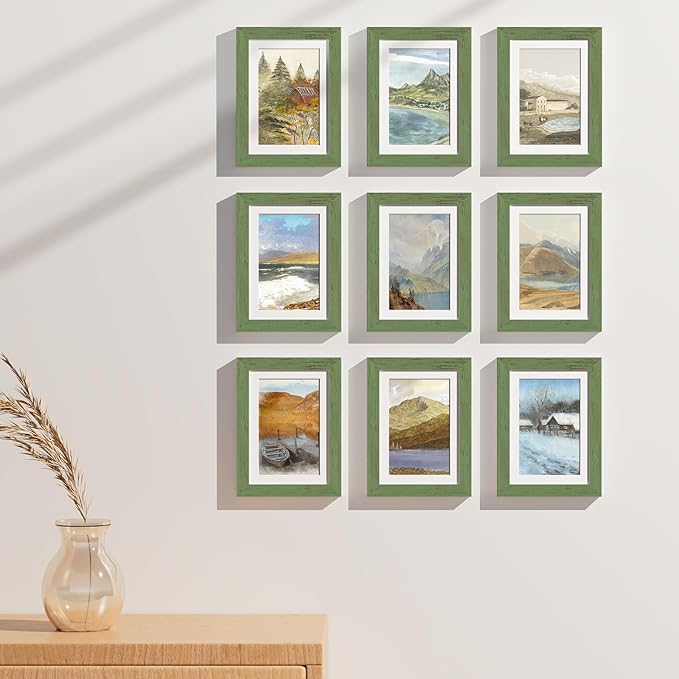 Vittanly 5x7 Picture Frames Set of 9, Display 4x6 Pictures with Mat or 5x7 without Mat, Photo Frames for Wall or Tabletop with Plexiglass, Engineered Wood, Rustic Green