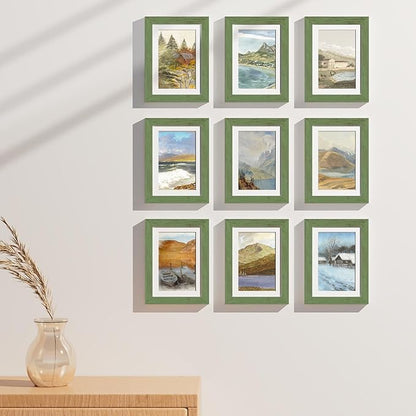Vittanly 5x7 Picture Frames Set of 9, Display 4x6 Pictures with Mat or 5x7 without Mat, Photo Frames for Wall or Tabletop with Plexiglass, Engineered Wood, Rustic Green