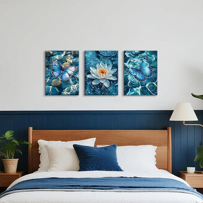 3Pcs Calm Zen Butterfly Canvas Wall Art, Blue Water Lily Pond Pictures Zen Stones White Lotus Flower Paintings Yoga Spa Spiritual Meditation Room Painting Decor Poster Art Prints for Bedroom 12"x16"x3