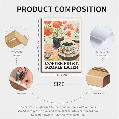 Vintage Coffee Kitchen Canvas Wall Art Set of 3, Fashion Aesthetic Flowers Espresso Poster Picture, Simple Travel Drinks Wall Decor Painting Prints for Dining Room Cafe Bar 16x24 Inch Framed