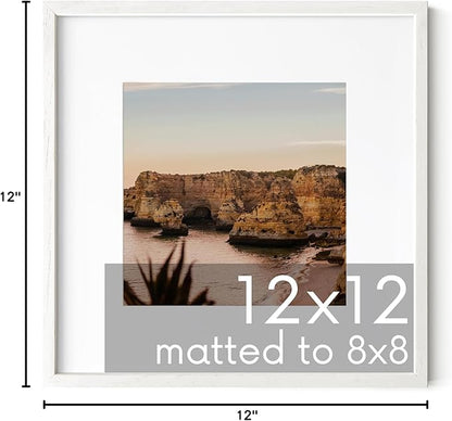 HAUS AND HUES White Oak Wood 12x12 Picture Frame - Square Frame Matted to 8x8, Minimalist White Frame for Gallery Wall or Posters (12x12 in, White, Set of 1)
