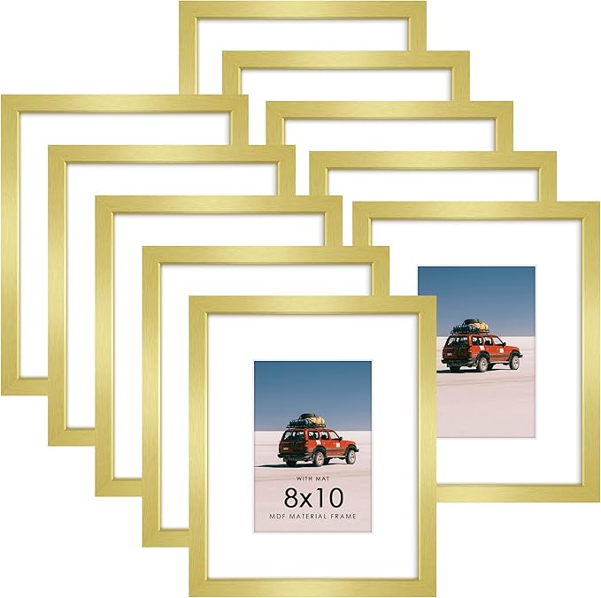8x10 Picture Frame Sef of 10, Display Pictures 5x7 with Mat or 8 x 10 Without Mat, Photo Frame Collage for Wall Gallery Decor, Hanging or Tabletop Display, Gold