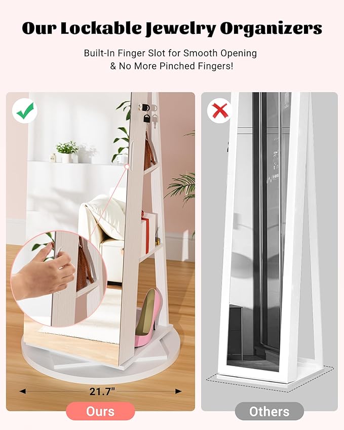 6 LEDs Jewelry Armoire with Frameless Full-Length Mirror, 360° Swivel Jewelry Cabinet Standing with 3 Back Shelves, Jewelry Organizer with Storage Lockable for Women Gift, White