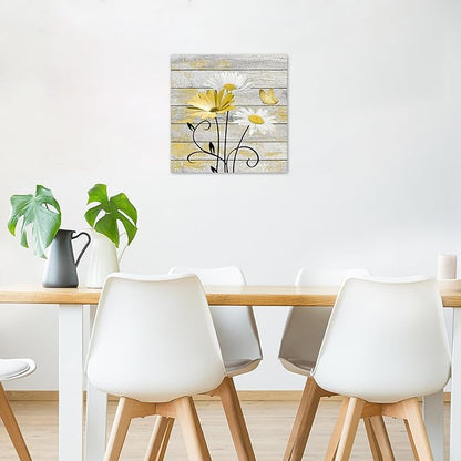 HVEST Farmhouse Yellow Floral Wall Art for Bathroom, Retro Daisy and Butterfly on Rustic Wood Canvas Wall Art Nature Flower Pictures for Living Room Bedroom Apartment Wall Decor,12L X 12W inches