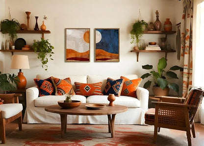 Framed Boho Sun and Moon Canvas Wall Art Set of 2, Vintage Western Desert Landscape Wall Decor Paintings, Mid Century Modern Abstract Pictures Prints Artwork for Living Room Bedroom Office 12x16 inch