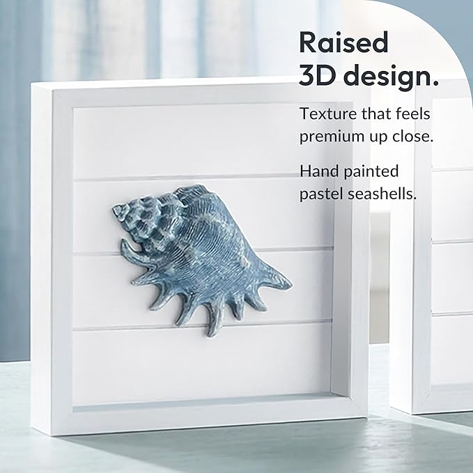 Tide and Tales 3D Seashells & Starfish Coastal Wall Art Decor (Framed Set of 4) Beach Wall Decor for Bathroom or Coastal Bedroom - Ocean Inspired Seaside Decorations for Home or Beach House (7"x7")