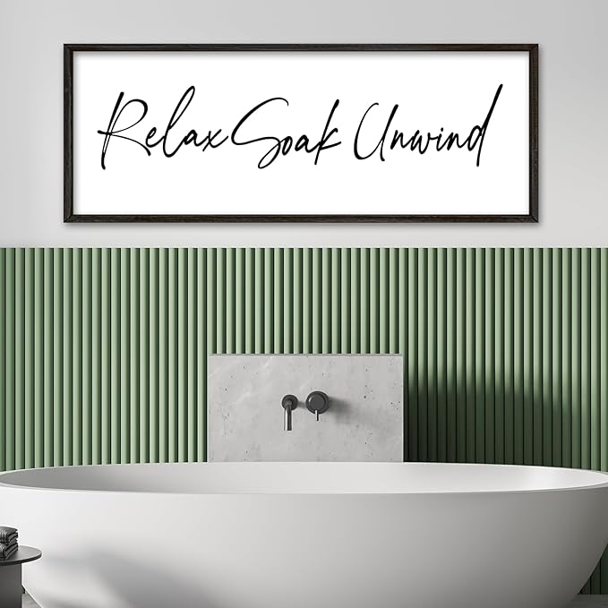Relax Soak Unwind Wall Decor Art 32"X12" Bathroom Sign Shower Room above the Bathtub Large Wood Framed Wall Hanging (Black)