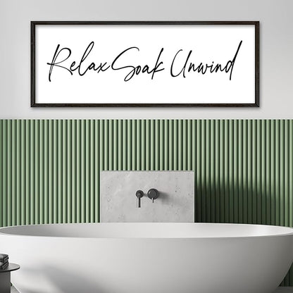 Relax Soak Unwind Wall Decor Art 32"X12" Bathroom Sign Shower Room above the Bathtub Large Wood Framed Wall Hanging (Black)