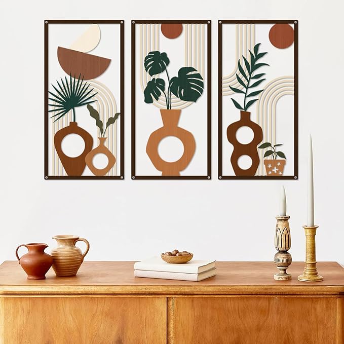 ShxTrade Boho Metal Wall Art Set of 3, Minimalist Botanical Wall Decor with Vase & Plant Silhouettes,Geometric Modern Mid Century Modern Artwork Art for Living Room Bedroom Bathroom Office