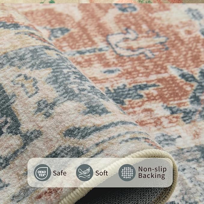 Rugxara 8x10 Area Rugs for Living Room Bedroom, Large Washable Rug, Coral Vintage Retro Boho Rug, Non Slip & Low Pile Faux Wool Thin Carpet for Indoor Dining Room, Kids Room(Coral Blue 8x10ft)