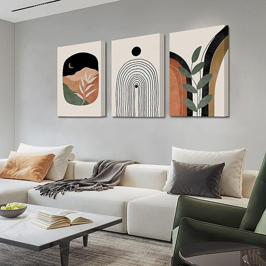 Boho Wall Art Prints Set of 3, Boho Wall Decor, Mid Century Modern Prints Sun Moon Leaf Mountain Canvas Wall Painting, Neutral Abstract Geometric Prints Canvas Artwork Prints for Bedroom Bathroom Living Room Office