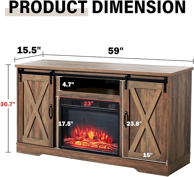 AMERLIFE 59" Fireplace TV Stand for TVs up to 65", Farmhouse Entertainment Center with Sliding Barn Doors, Storage Cabinets and Adjustable Shelves, Barnwood