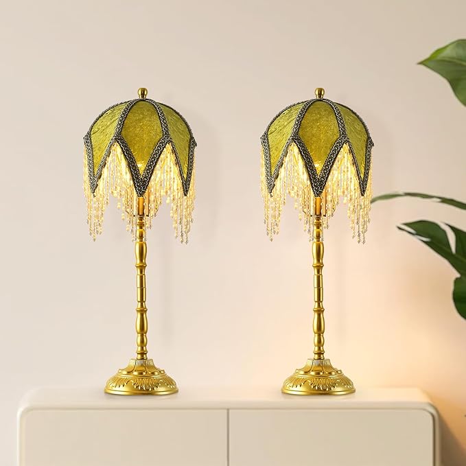 Vintage Tasselled Table Lamp with Beaded Shade, 3 Color Temperatures, Green and Gold, Victorian Style-C