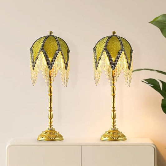 Vintage Tasselled Table Lamp with Beaded Shade, 3 Color Temperatures, Green and Gold, Victorian Style-C