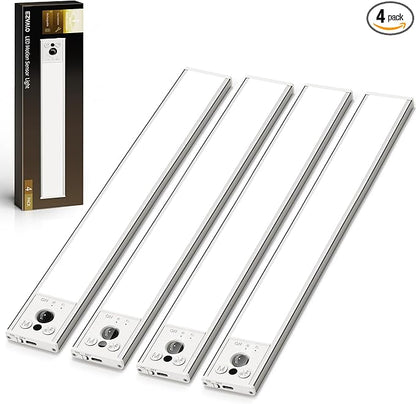 EZVALO 12-inch Under Cabinet Lighting, 3200mAh Rechargeable Motion Sensor Light Indoor, with Dimmable & 3 Color Temps, Magnetic Closet Lights, Wireless Under Counter Lights for Kitchen, Stairs(4-Pack)