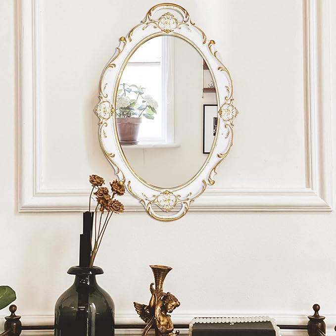 Eaoundm 14.5 x 10 inchs Oval Antique Decorative Wall Mirror Vintage Hanging Mirror (White 2 Pcs)