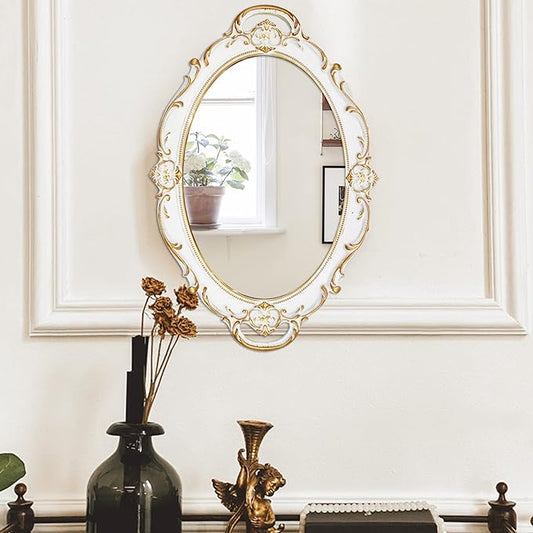 Eaoundm 14.5 x 10 inchs Oval Antique Decorative Wall Mirror Vintage Hanging Mirror (White 2 Pcs)