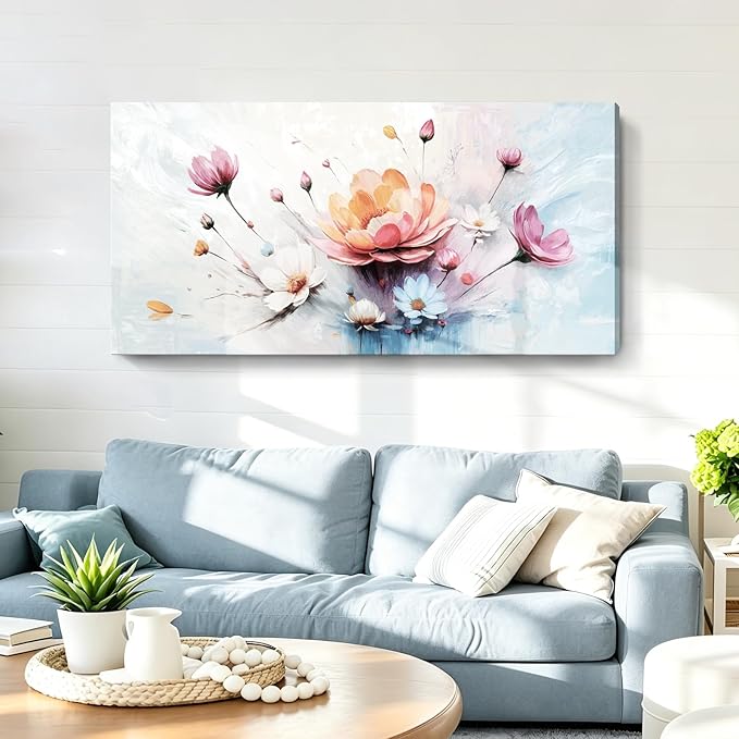 amatop Large Floral Wall Art — Orange, Blue, And Pink Flowers, Colorful Botanical Canvas Print, Modern Abstract Wall Decor For Living Room, Bedroom, Bathroom, Dining Room, And Kitchen. 48X24 Inches.