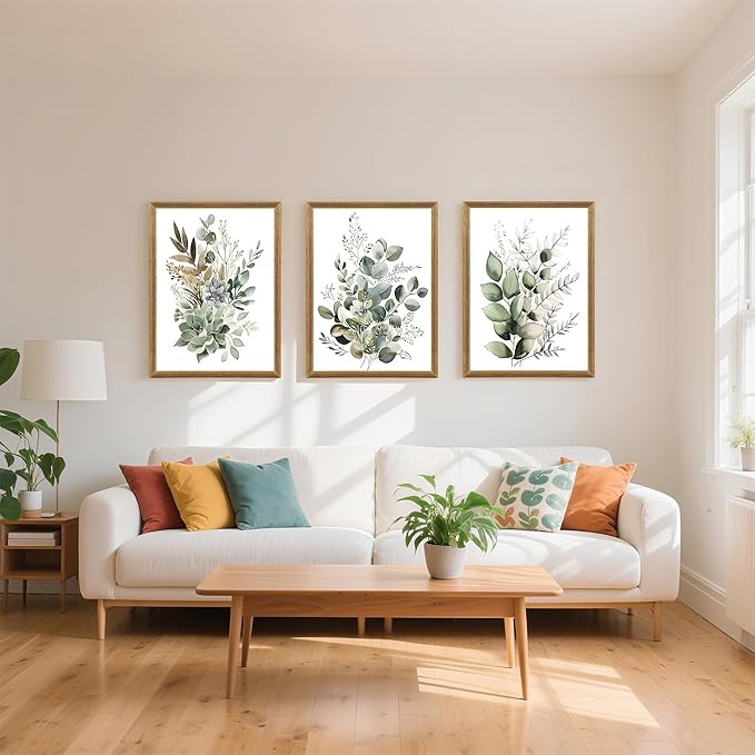 FYLDPSB 3 PCS Framed Watercolor Floral Canvas Wall Art, Boho Sage Green Wildflower Wall Decor, Modern Flowers and plants Painting Print for Bedroom Living Room Bathroom Decorations 24''L x 16''W