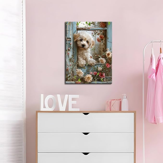 Framed Poodle Canvas Wall Art, Funny Teddy Dog Poster Print, Abstract Dog Standing Among Flowers Painting Wall Decor for Dormitory Restroom Bedroom Kids Room Decor 12x16 inch