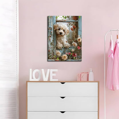 Framed Poodle Canvas Wall Art, Funny Teddy Dog Poster Print, Abstract Dog Standing Among Flowers Painting Wall Decor for Dormitory Restroom Bedroom Kids Room Decor 16x24 inch
