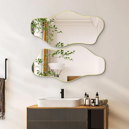 Gold Irregular Wall Mirror, 35.8"x17.7" Asymmetrical Tempered Glass Mirror, Modern Abstract Frameless Cloud Mirrors for Living Room Bedroom Entryway, Horizontal or Vertical Hanging