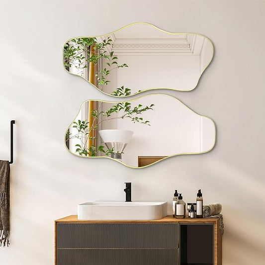 Gold Irregular Wall Mirror, 35.8"x17.7" Asymmetrical Tempered Glass Mirror, Modern Abstract Frameless Cloud Mirrors for Living Room Bedroom Entryway, Horizontal or Vertical Hanging