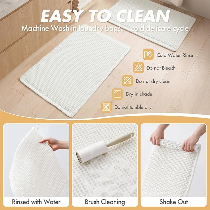 MIULEE Set of 2 Waffle Bathroom Runner Rugs, Boho Bath Rugs Non Slip Washable, Super Absorbent Runner Bath Mats, Rubber Backed Shower Mats for Hallway Bedroom Laundry Room, White, 2'x6'(24x72 Inch)