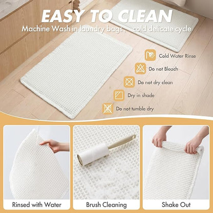 MIULEE Set of 2 Waffle Bathroom Rugs, Boho Bath Rugs Non Slip Washable, Super Absorbent Bath Mats, Ultra Soft Rubber Backed Shower Mats for Bathroom Floor, Tub, White, 17"x24"+20"x47"