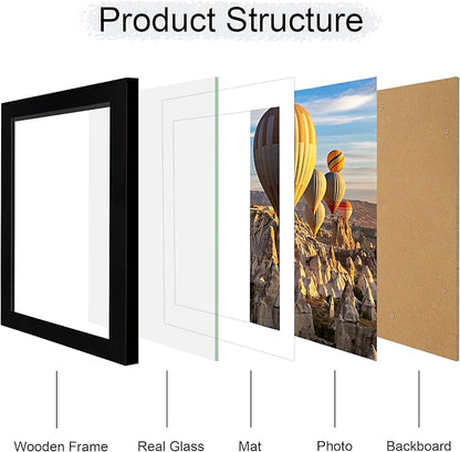 iRahmen 8x12 Picture Frame with Mat 6x8 - High Definition Real Glass Wooden Photo Frames for Tabletop Display and Wall Mounting (Pure Black, Set of 2)