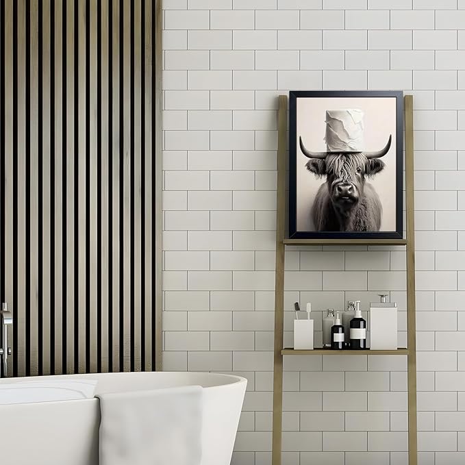 ARKZSHO Black and White Bathroom Wall Art, Funny Highland Cow Canvas Poster Print Picture, Modern Farmhouse Wall Decor Painting, Cute Animal Bathroom Restroom Home Decoration 12x16 Inch Wood Framed