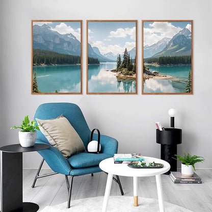 HLNIUC Lake Mountain Landscape Framed Canvas Wall Art,Large Pine Tree Forest Wall Decor,River Island Artwork Set of 3 (24x36),Blue Green Modern Nature Scenery Prints for Living Room,Bedroom,Office