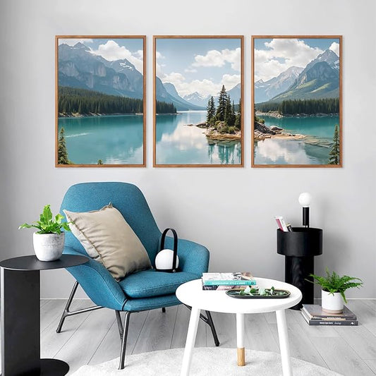 HLNIUC Lake Mountain Landscape Framed Canvas Wall Art,Large Pine Tree Forest Wall Decor,River Island Artwork Set of 3 (24x36),Blue Green Modern Nature Scenery Prints for Living Room,Bedroom,Office