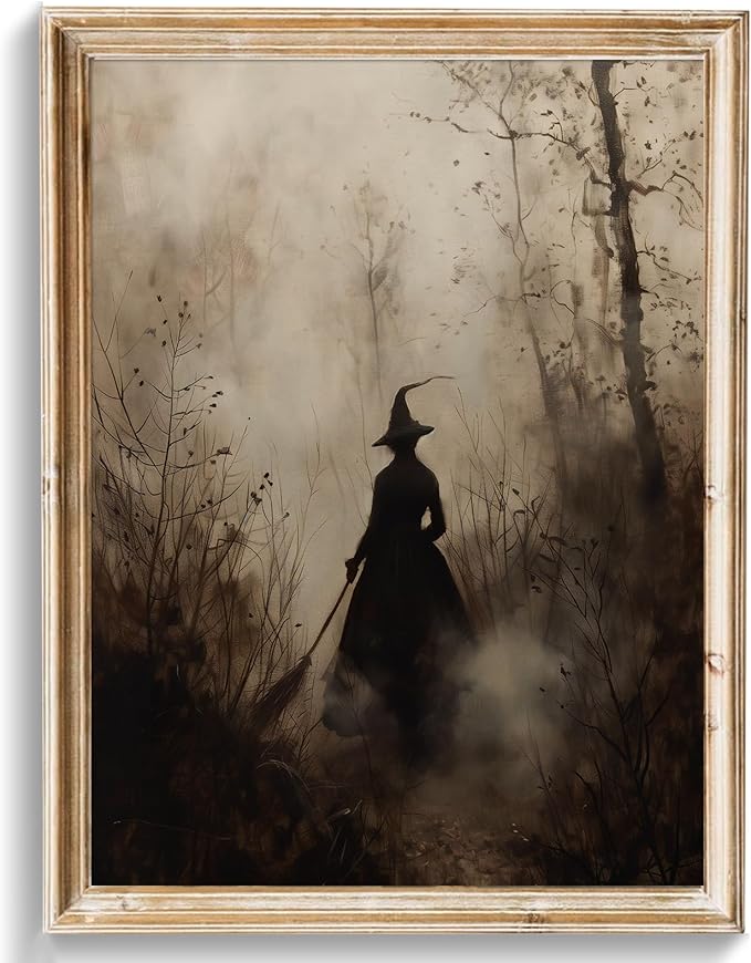 uniro Vintage Witch Halloween Wall Art Prints, Moody Witch in The Forest Pictures for Halloween Wall Decor, Spooky Witchy Canvas Oil Painting, Dark Academia Decor Aesthetic Posters for Bedeoom, Gothic Home Dcor for Gallery, Living Room, Bathroom (8x10i...