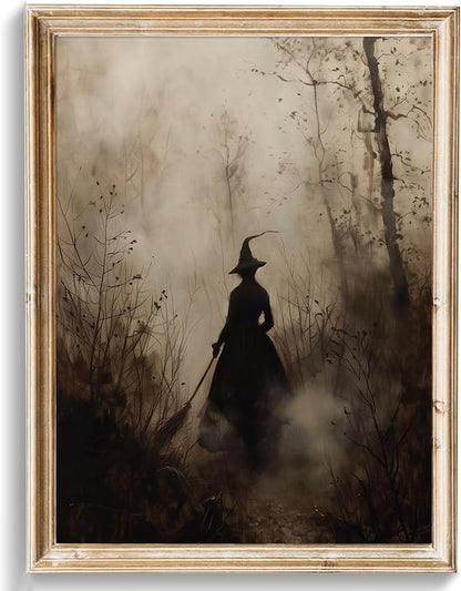 uniro Vintage Witch Halloween Wall Art Prints, Moody Witch in The Forest Pictures for Halloween Wall Decor, Spooky Witchy Canvas Oil Painting, Dark Academia Decor Aesthetic Posters for Bedeoom, Gothic Home Dcor for Gallery, Living Room, Bathroom (8x10i...