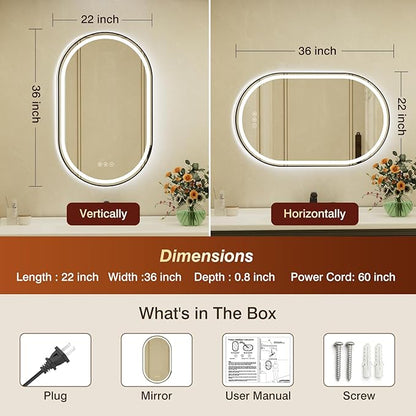 22x36 Inch Oval Black Framed LED Bathroom Mirror with Lights, Built-in Bluetooth Speaker,Tempered Glass,Dimmable Lighted Bathroom Vanity Mirror with 3 Colors, Backlit + Frontlit, Memory, Anti-Fog