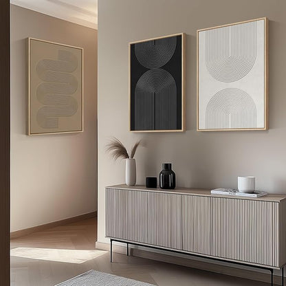 Large Framed Black and White Neutral Abstract Wall Art, 3 Piece Minimalist Canvas Prints Paintings Artwork for Walls, Boho Geometric Pictures for Living Room Hallway Office Wall Decor Total 30x60 In