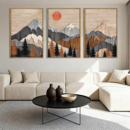 ANHUIB Mountain Wall Art 16x24 Inch Large Forest Wall Decor Woodcut Pine Tree Illustration Nature Wilderness Art Print Abstract Landscape Painting Set of 3 for Living Room Bedroom Office