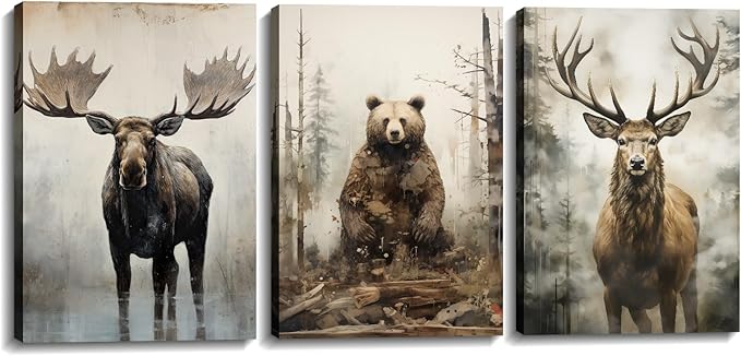 Large Woodland Animal Canvas Wall Art 3 Piece - Moose Elk Bear in Forest Picture Vintage Painting Rustic Farmhouse Wildlife Prints Home Wall Decor Framed(Art-2,24.00"x36.00"x3P)