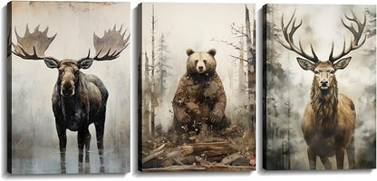 Large Woodland Animal Canvas Wall Art 3 Piece - Moose Elk Bear in Forest Picture Vintage Painting Rustic Farmhouse Wildlife Prints Home Wall Decor Framed(Art-2,24.00"x36.00"x3P)